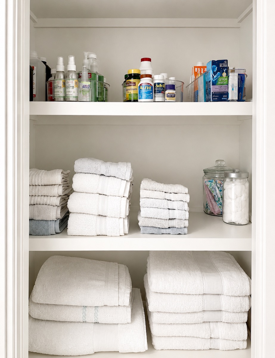 Organized linen closet with folded towels and supplies by Nola Organizers