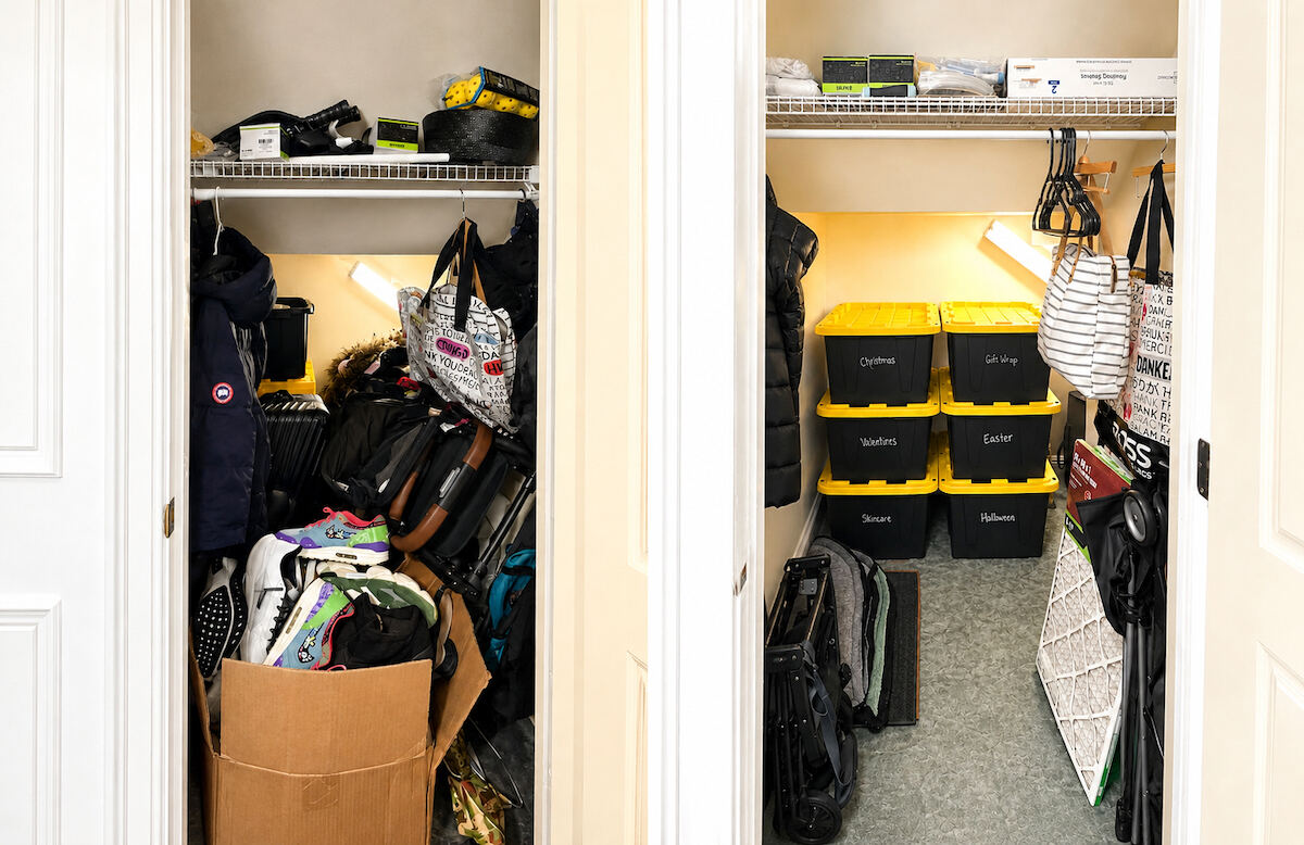 Small storage closet before and after organizing with labeled bins by Nola Organizers