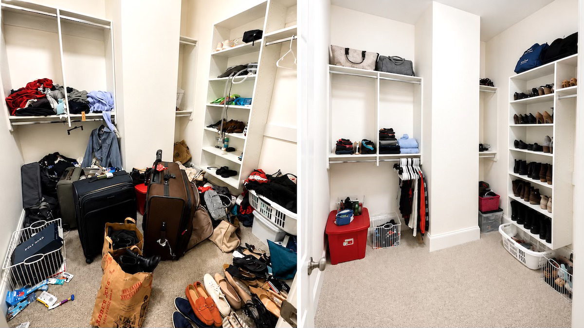 Walk-in closet before and after organizing by Nola Organizers New Orleans