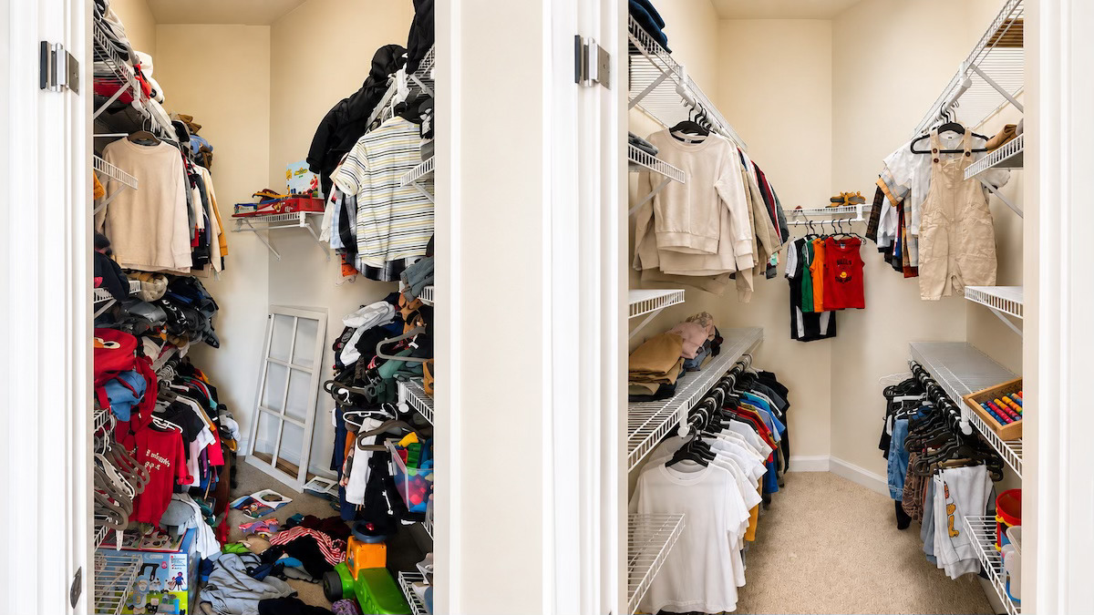 Kid's closet decluttered and organized before and after by Nola Organizers