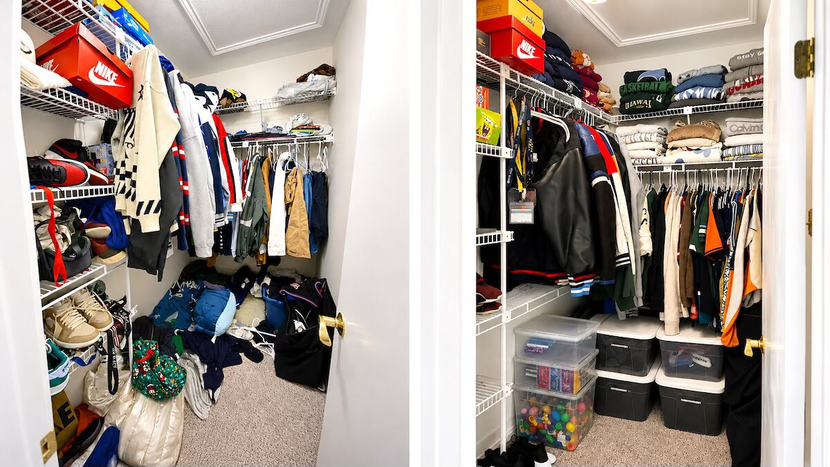 Reach-in closet with sneaker collection before and after organizing by Nola Organizers
