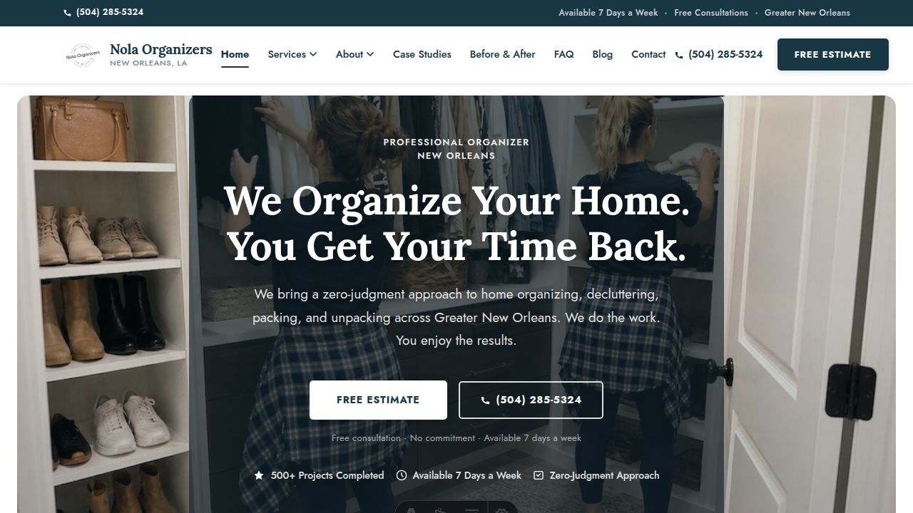 Nola Organizers homepage hero section
