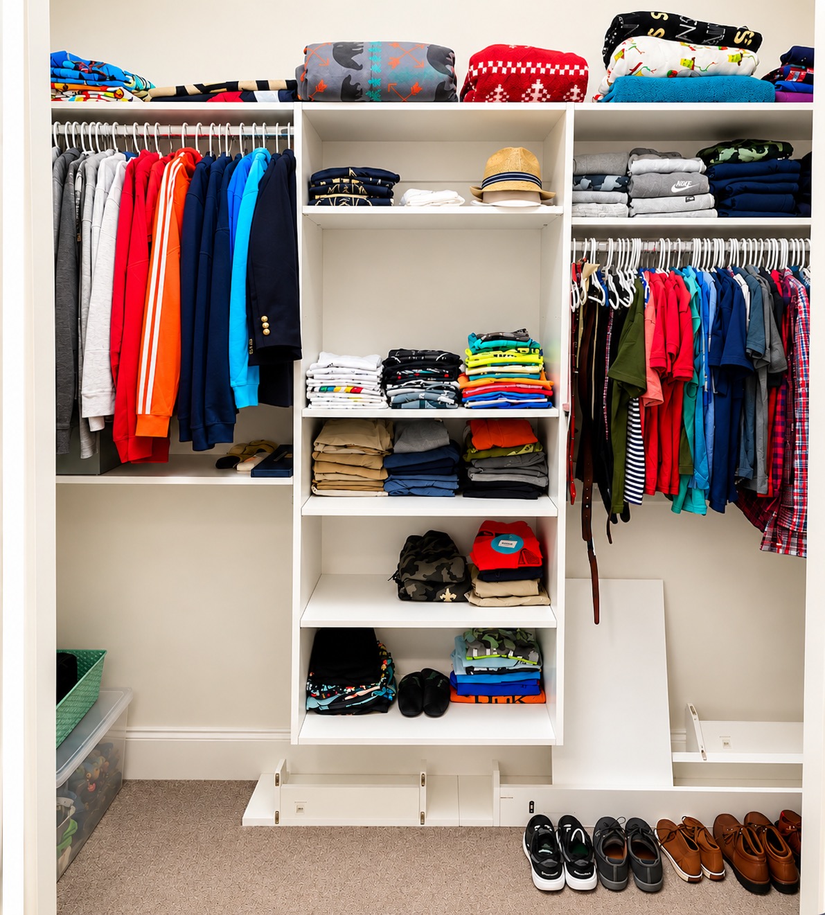 Son’s closet in Metairie after organizing, with clothing arranged and stored by type
