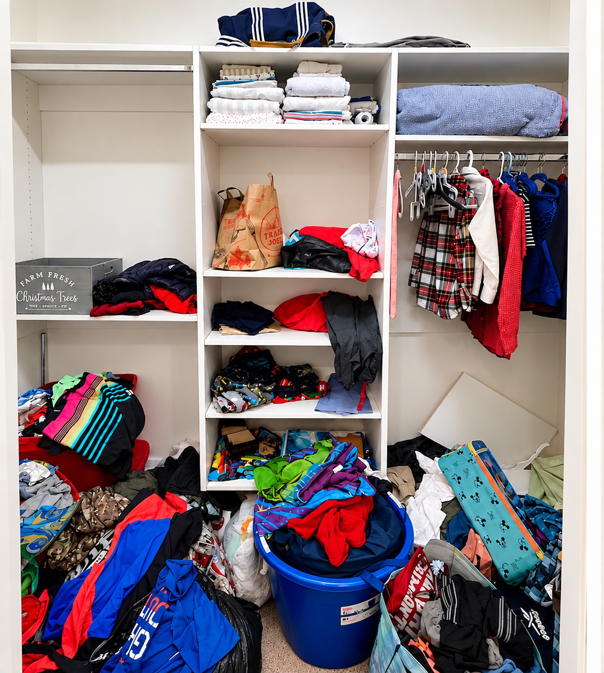 Son’s closet in Metairie before organizing, with clothing, bags, baskets, and bins