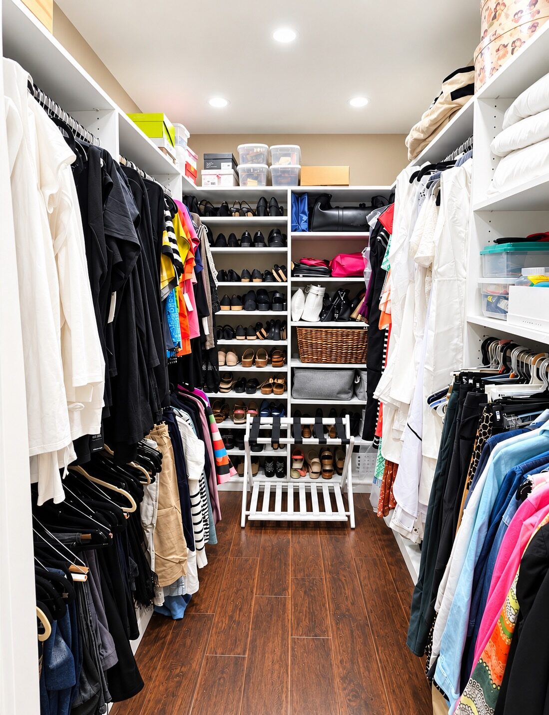 Custom closet in Metairie after decluttering, with organized clothing and a clear walkway