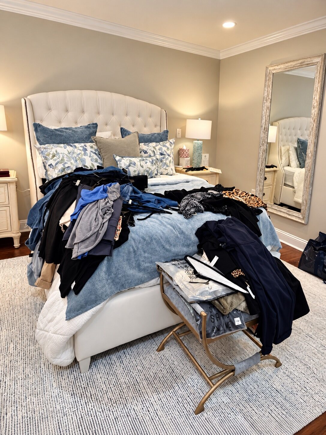 Clothing, including new items, piled on a bed and chair before the closet was organized
