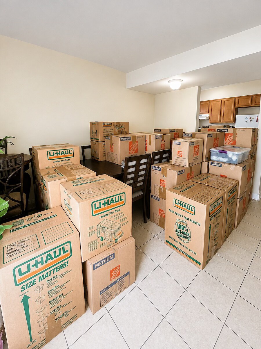 Moving boxes staged neatly after a packing project in Metairie