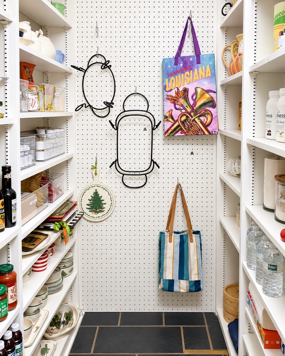 Organized Metairie pantry with separate shelving for food, holiday dishes, and entertaining items