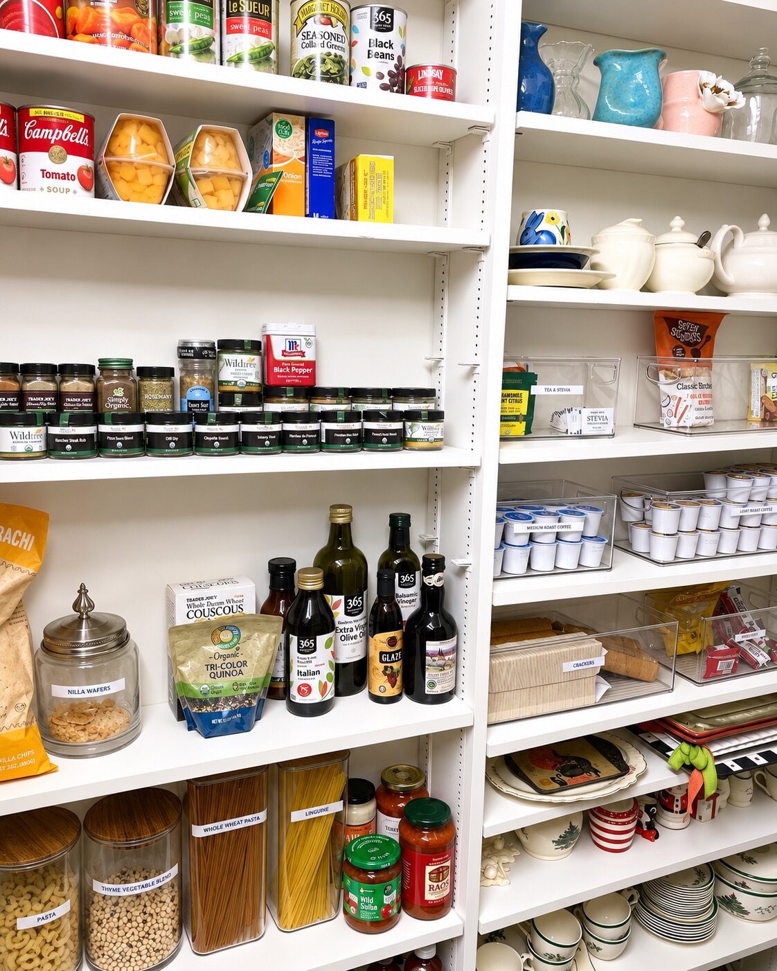 Organized Metairie pantry shelves with labeled food containers, canned goods, spices, and serving dishes