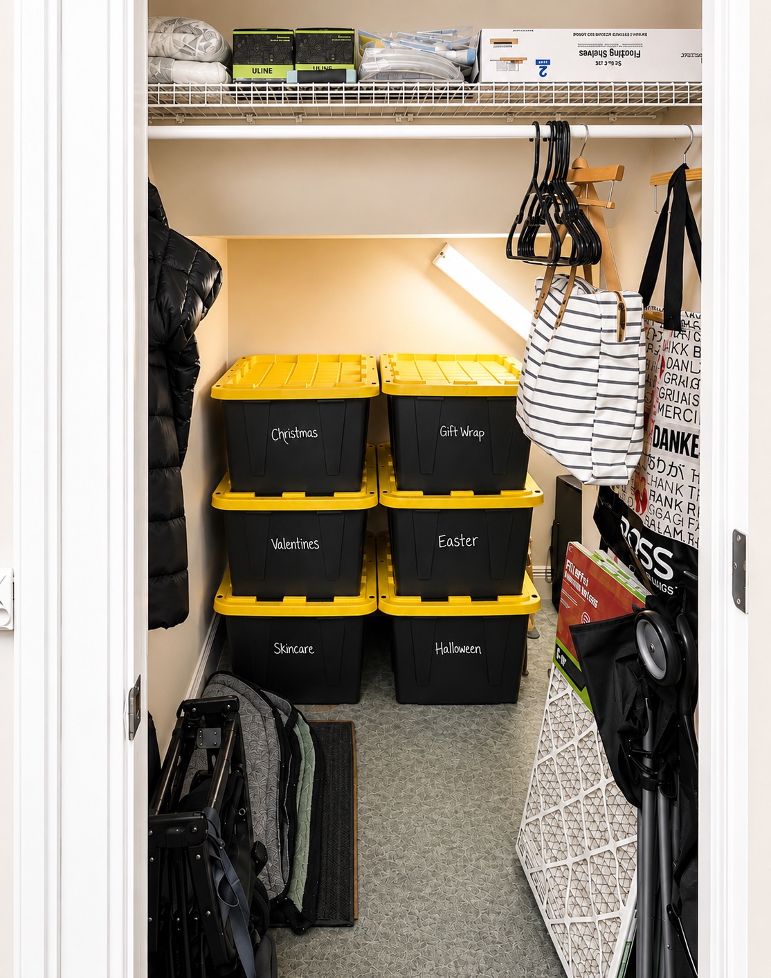 Small storage closet in Metairie after organizing, with holiday items grouped in labeled totes