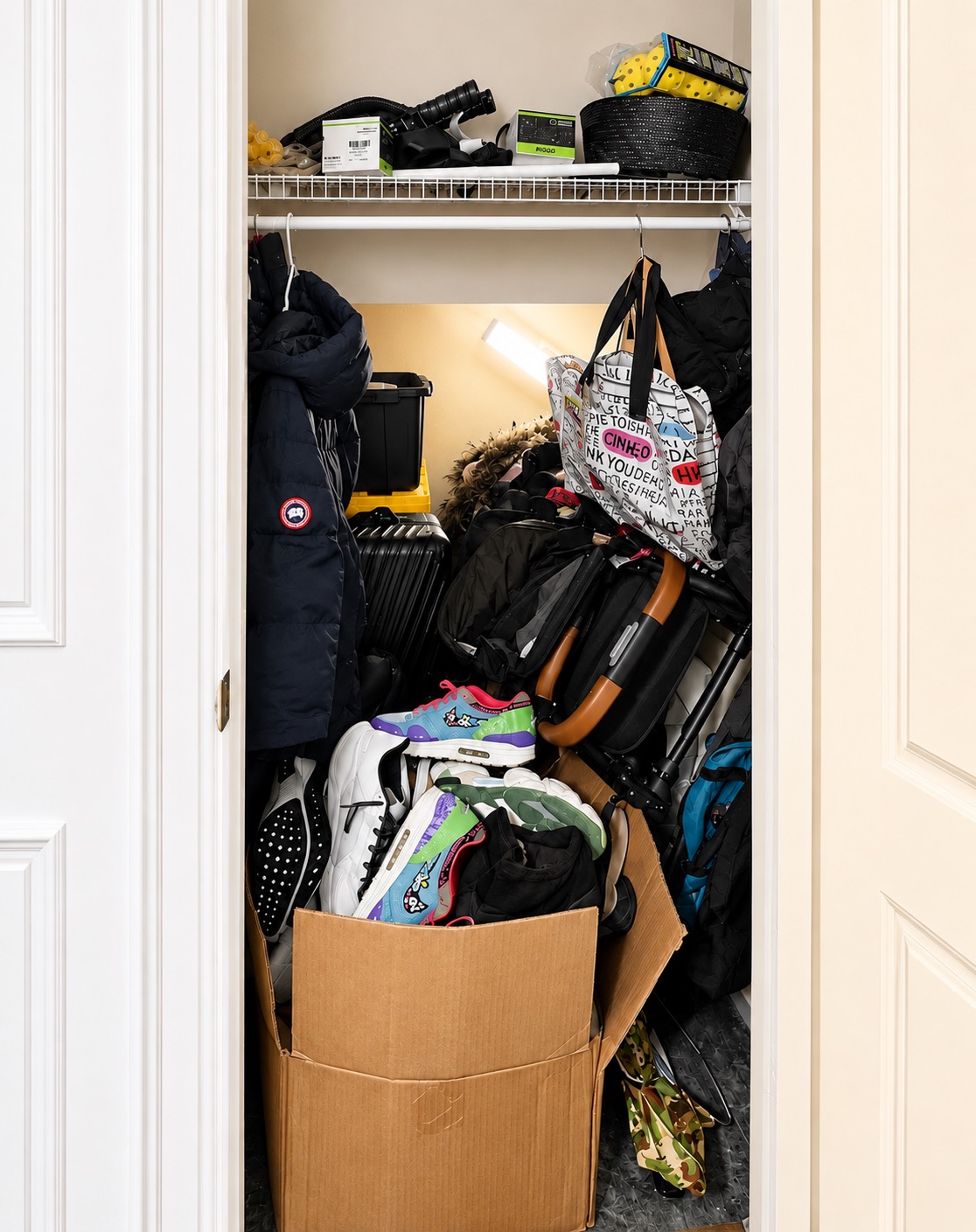 Small home storage closet in Metairie before organizing, filled with holiday items and other household belongings