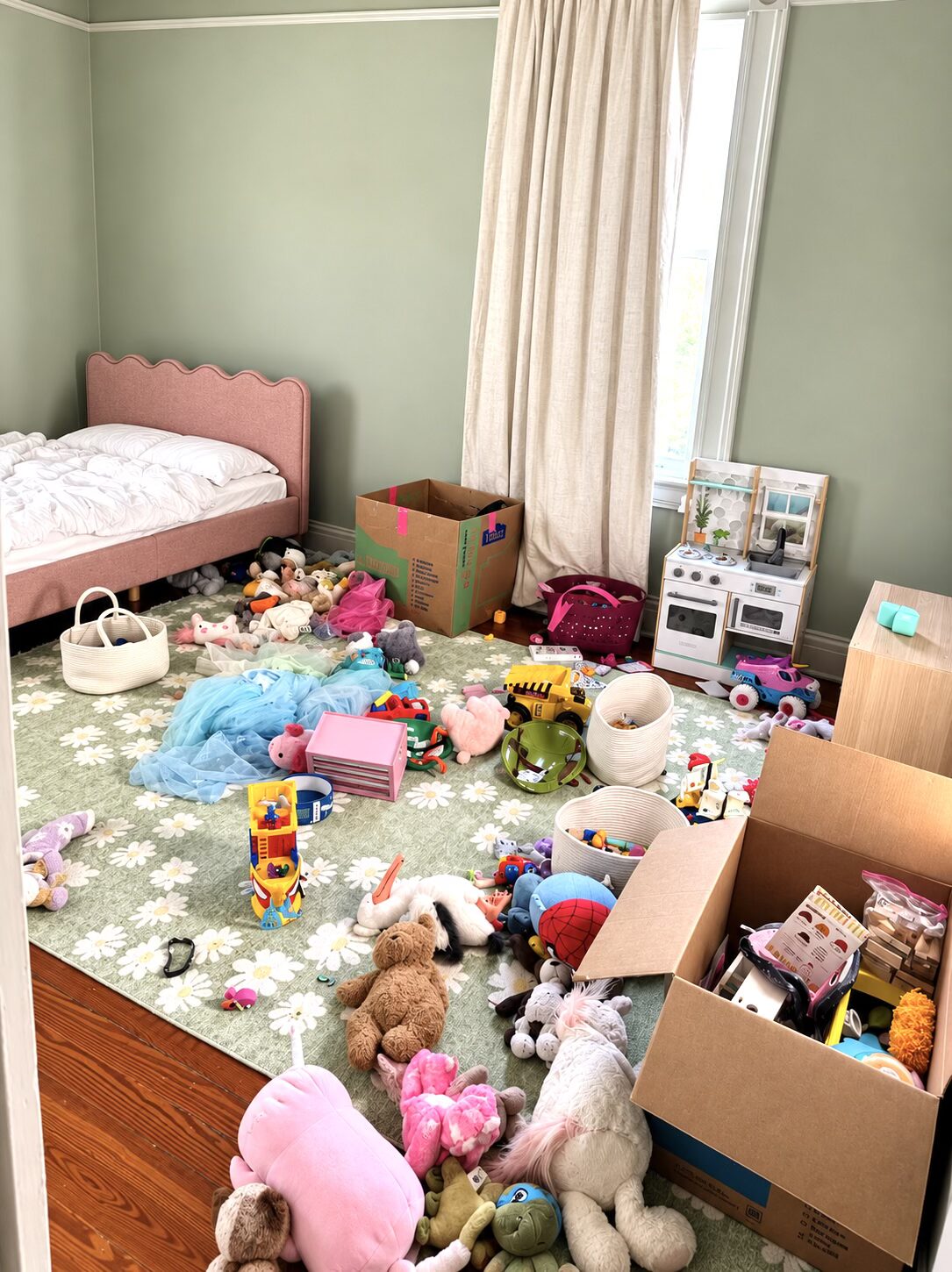 Sage-colored children’s bedroom before unpacking, with boxes, toys, and stuffed animals across the floor