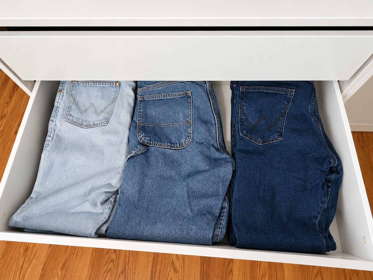 Folded jeans arranged in a drawer of the custom closet