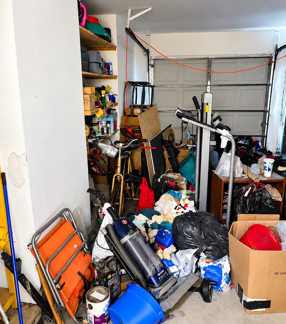 New Orleans garage before decluttering, with belongings covering much of the floor