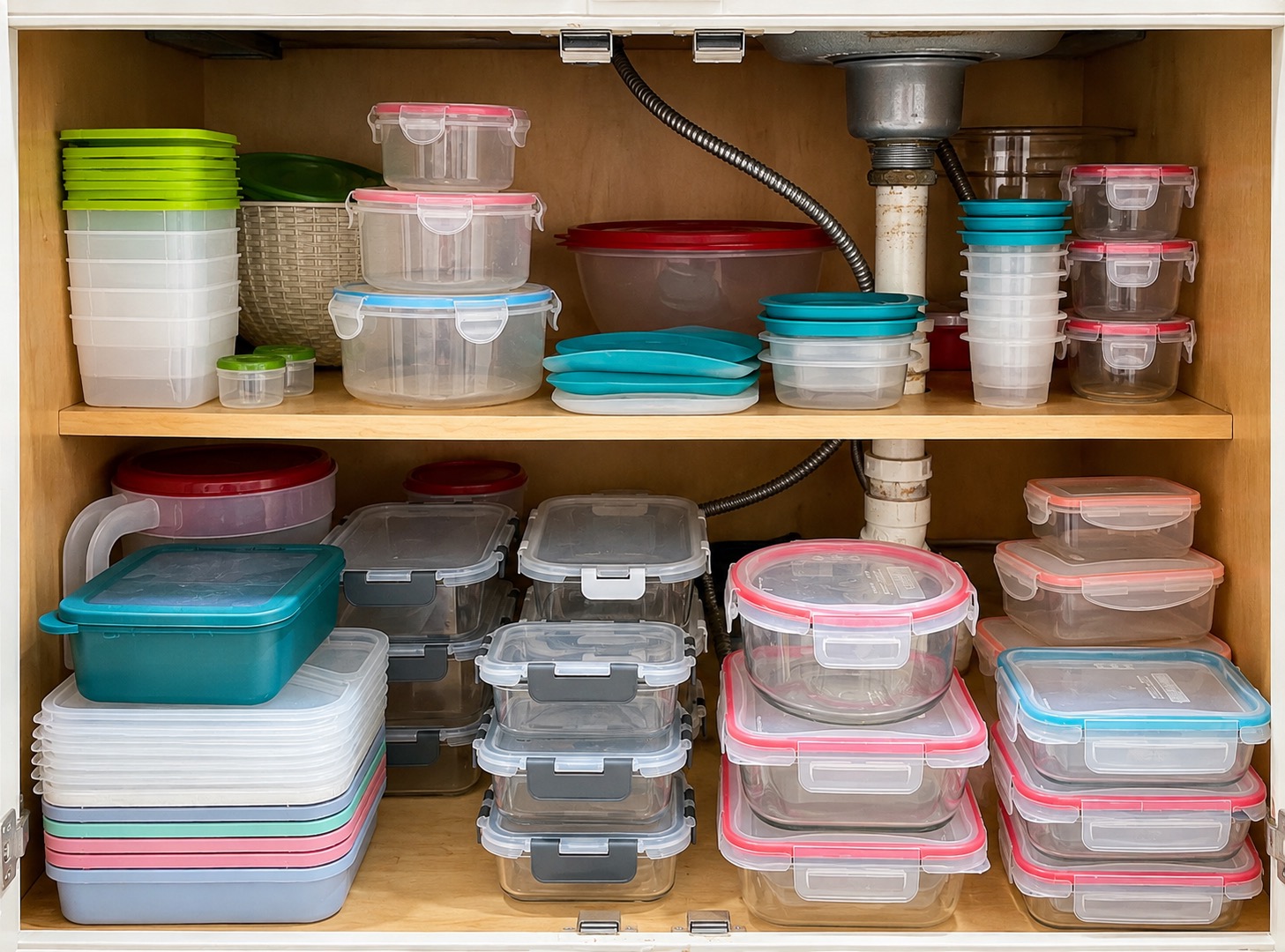 Food storage containers and lids organized together