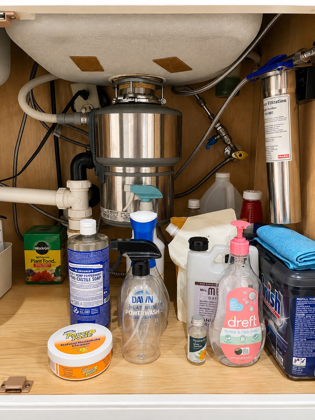 Organized supplies in a New Orleans kitchen under-sink cabinet
