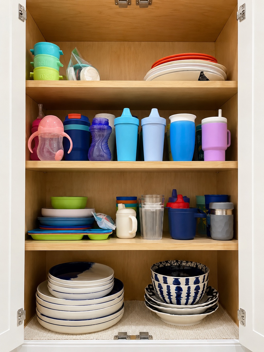 Water bottles grouped upright in an organized kitchen cabinet