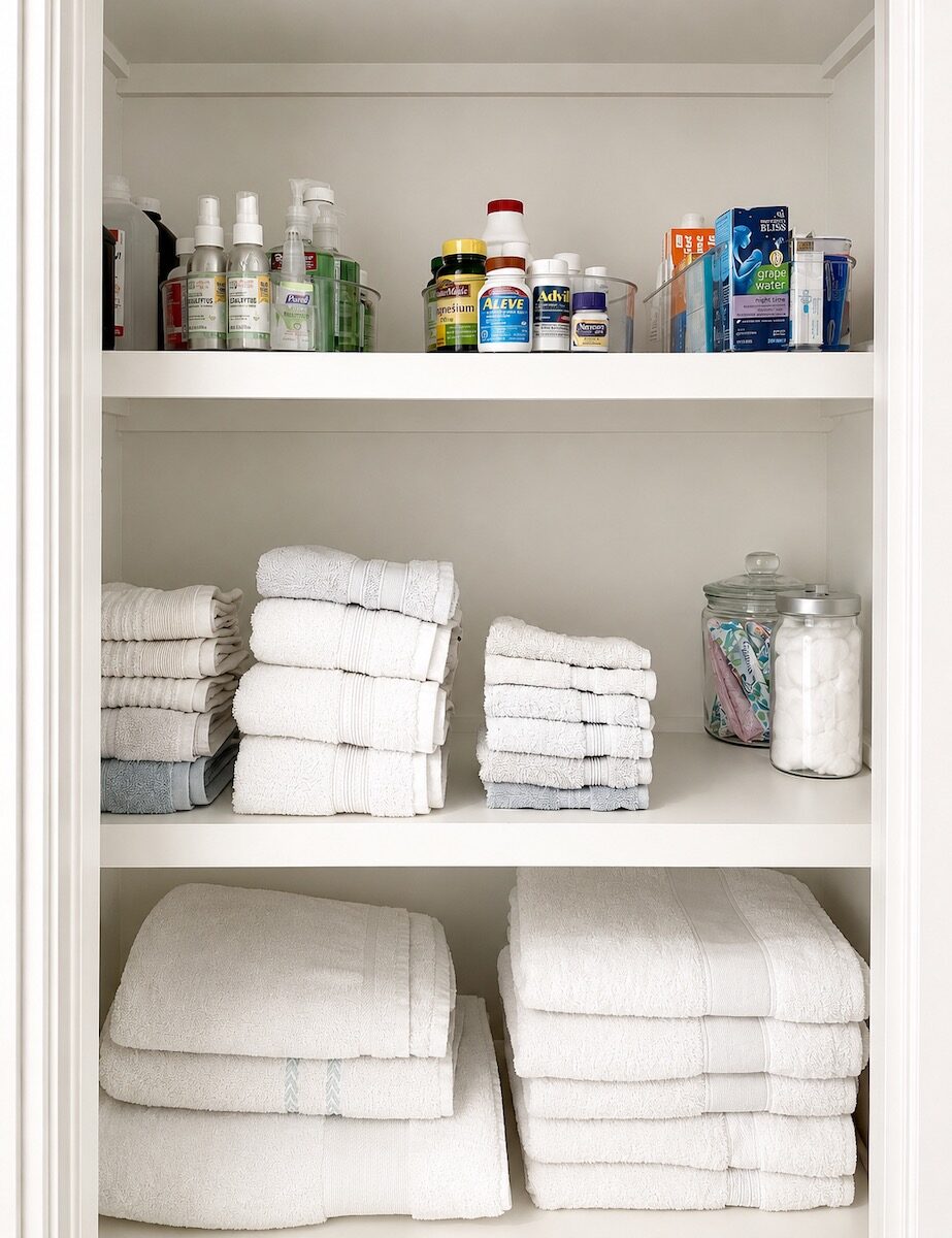 Dorm closet organized with clear categories and maximized storage