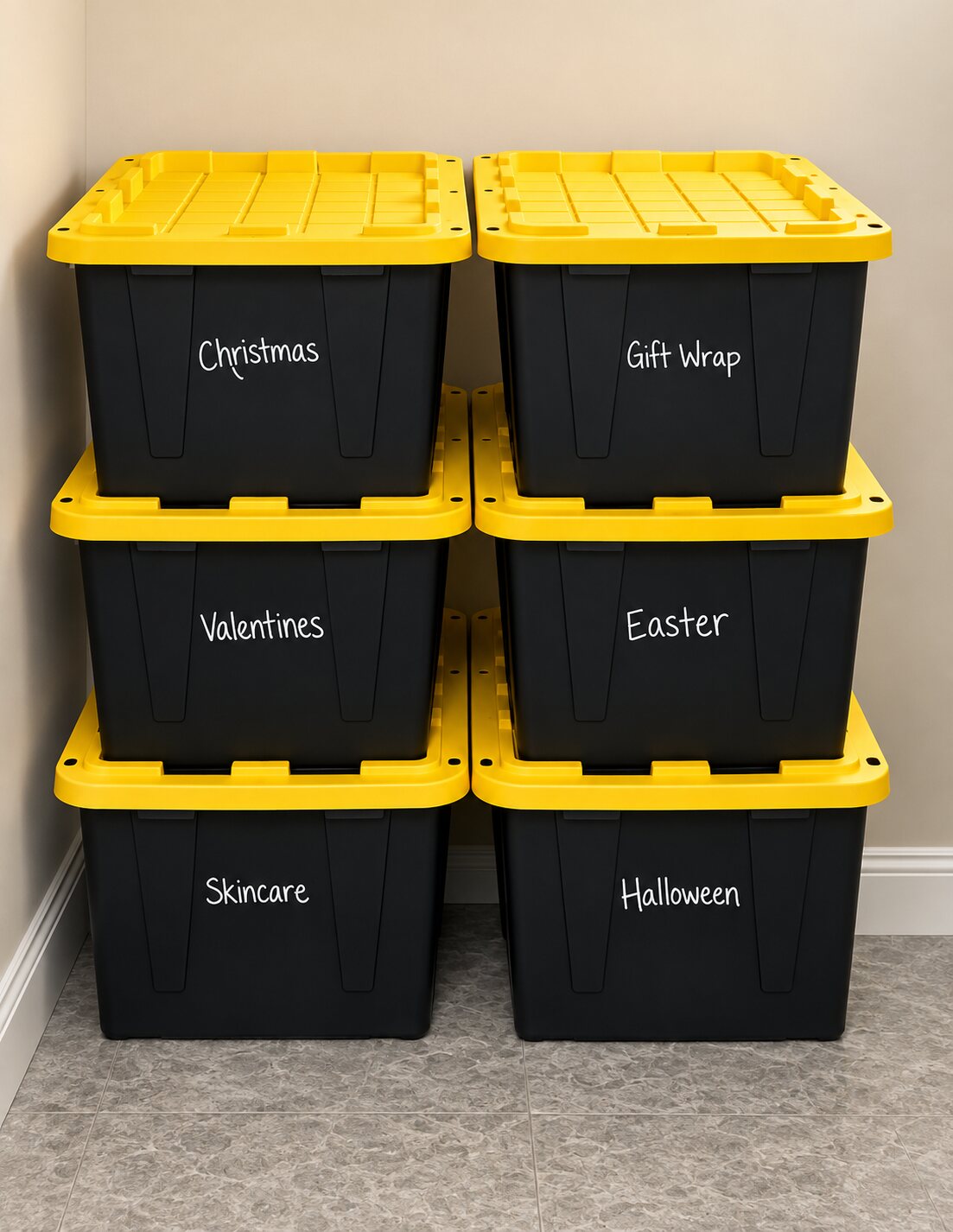 Labeled storage bins for Christmas, gift wrap, Valentine's Day, Easter, and Halloween