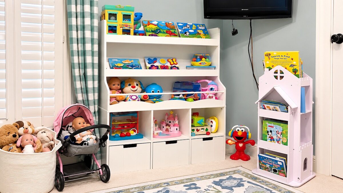 Organized playroom with toys, books, and games arranged on accessible shelves