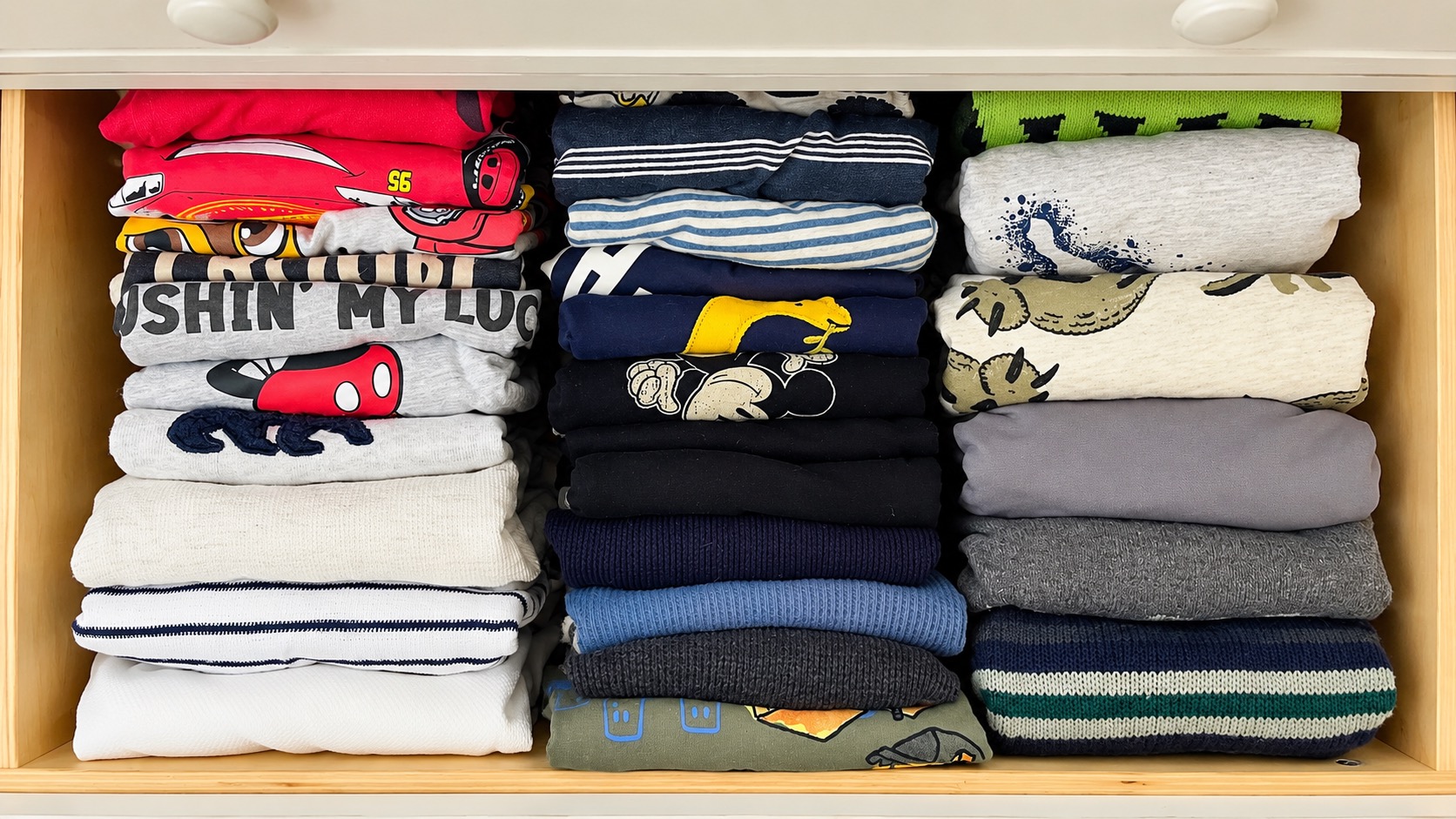 Drawer neatly arranged with folded children’s shirts