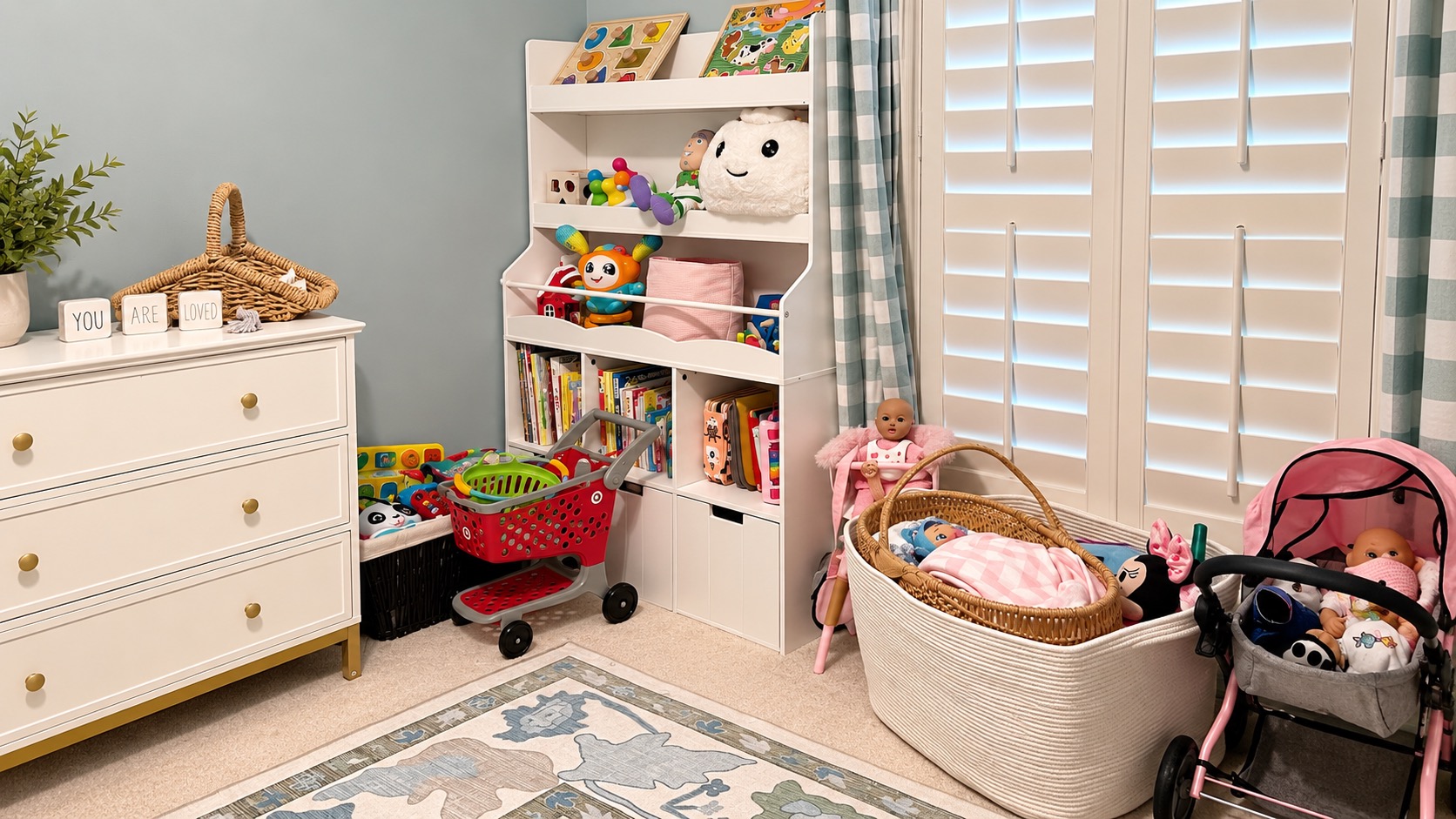 Children’s play corner with toys and books stored on open shelves
