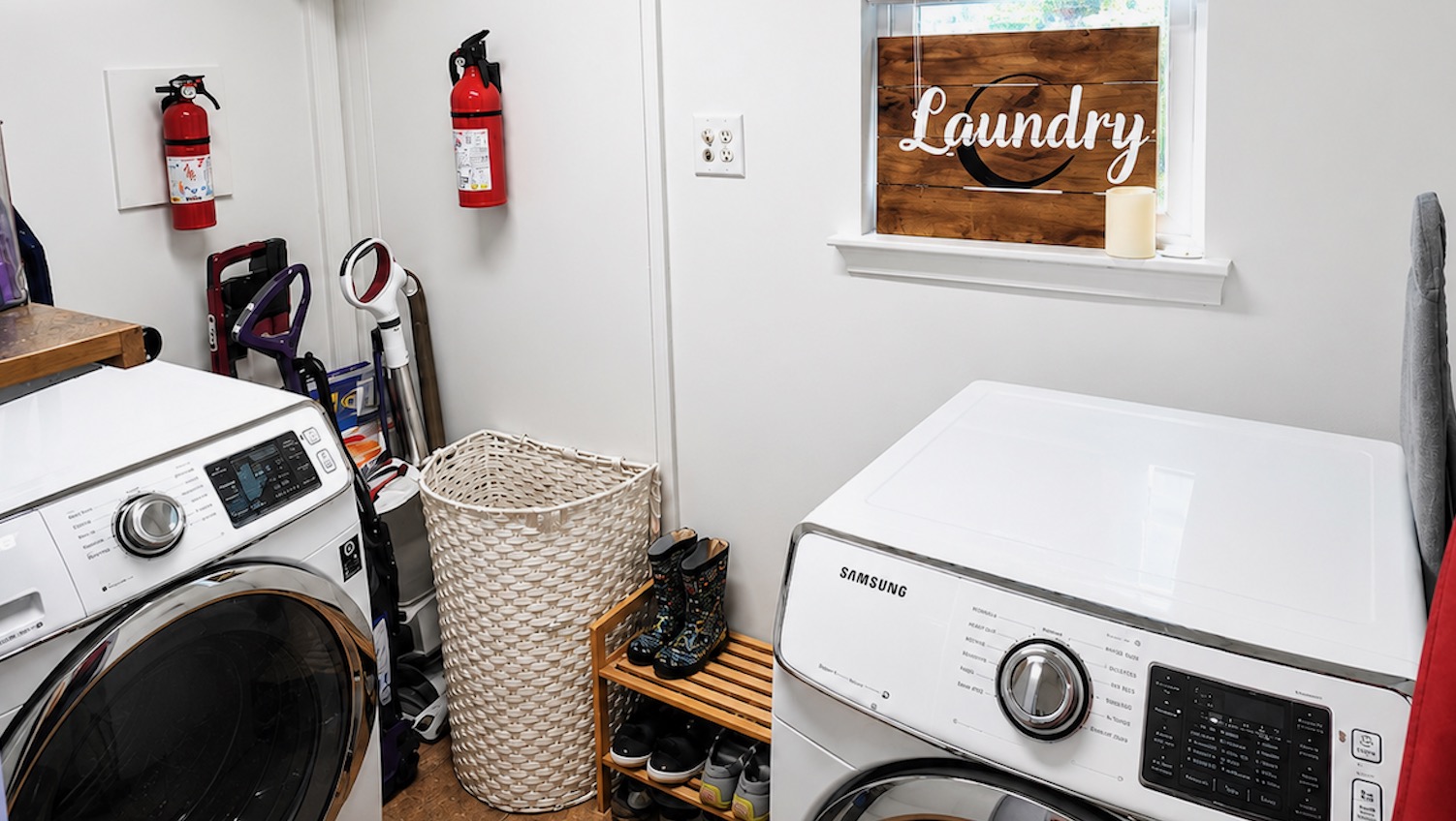 Laundry room with Samsung washer dryer and laundry sign in New Orleans by Nola Organizers