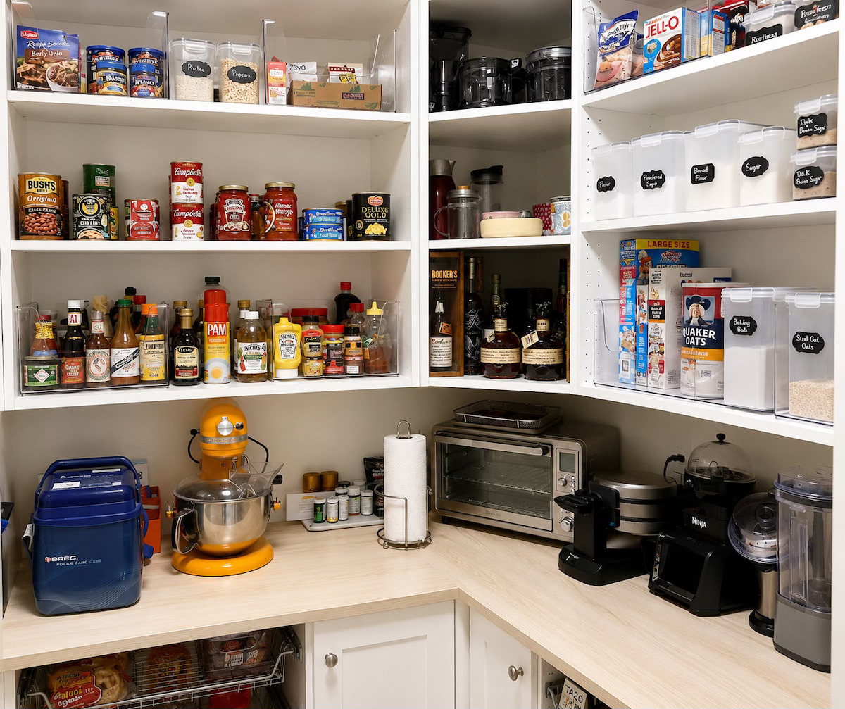 Fully stocked and organized kitchen pantry with clear containers and aprons on door by Nola Organizers