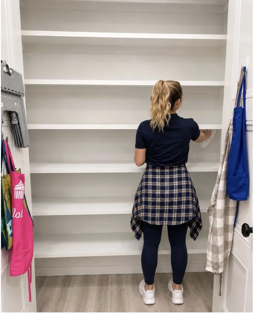 Olivia Parks cleaning empty pantry shelves during organizing session in New Orleans