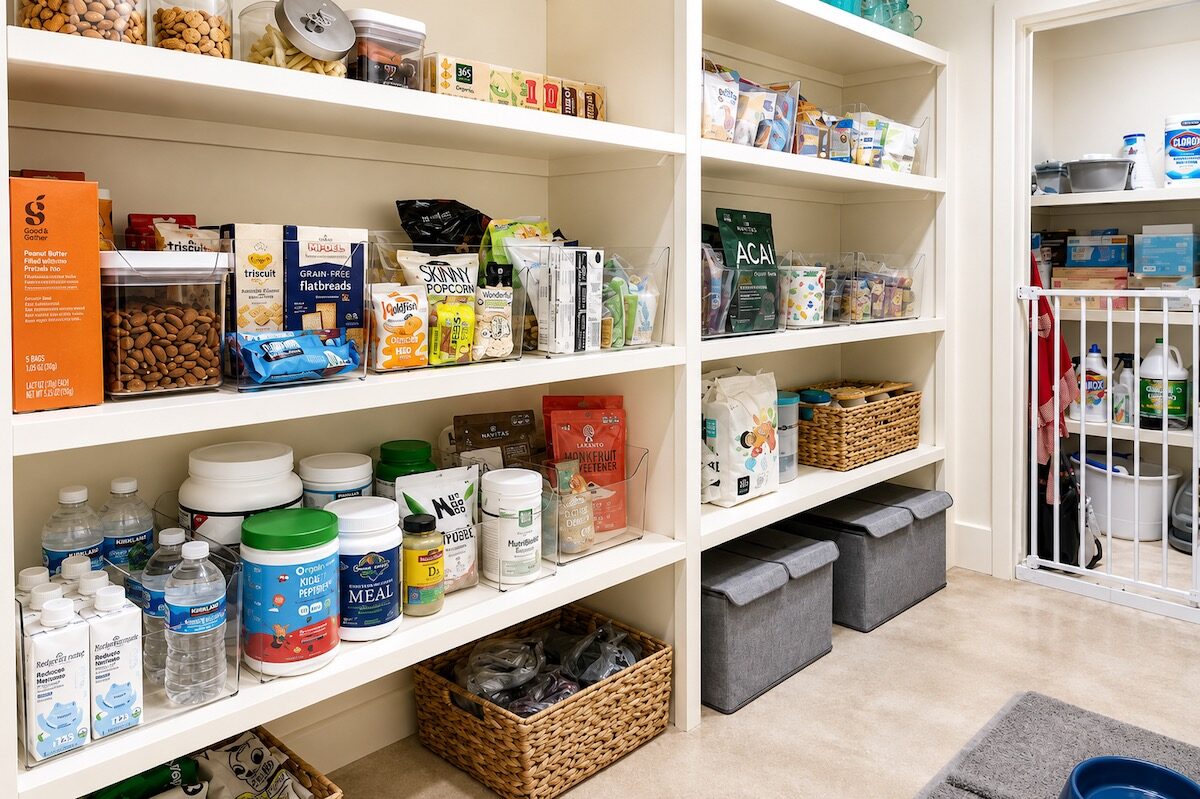Spacious walk-in pantry with open shelves organized by category by Nola Organizers