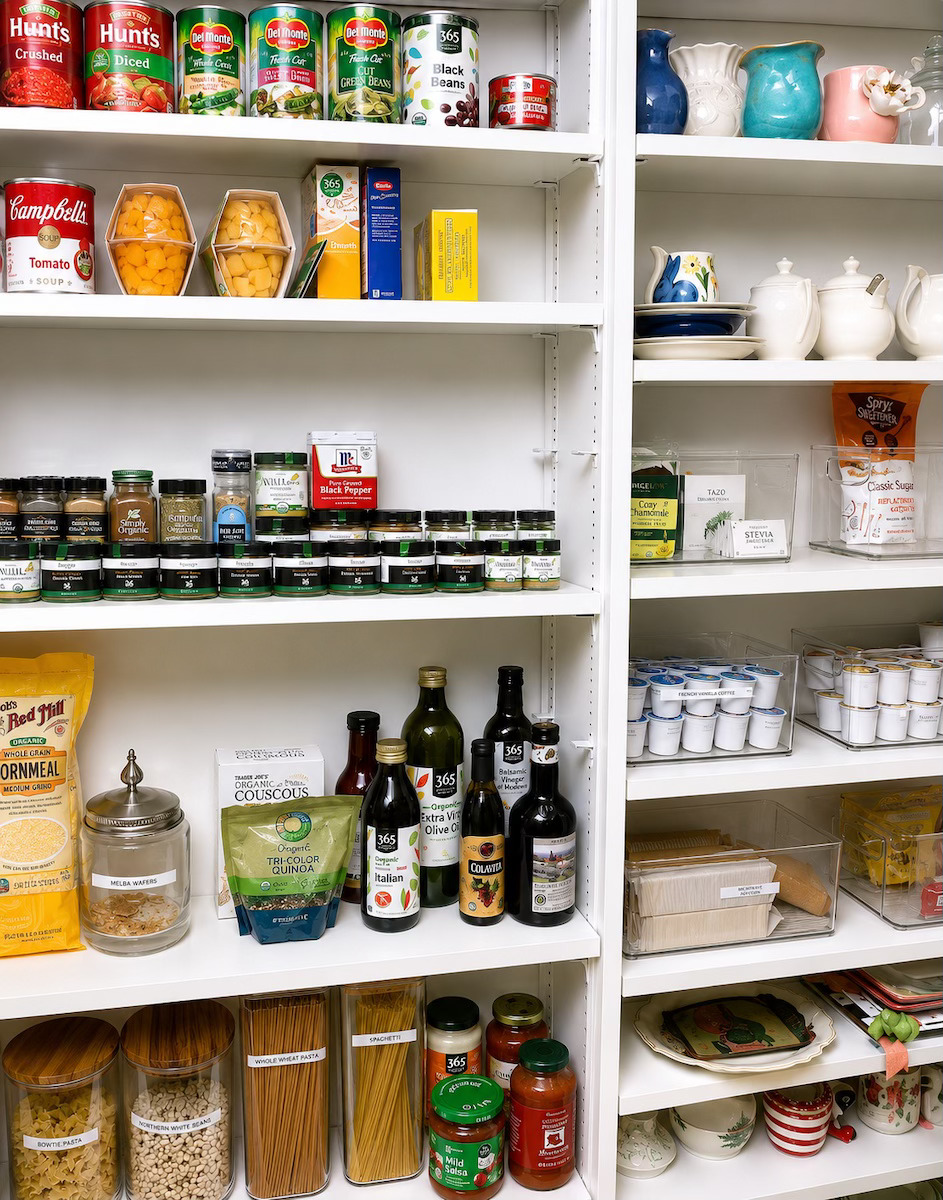 Fully organized pantry shelves with categorized spices, canned goods, and pantry staples by Nola Organizers