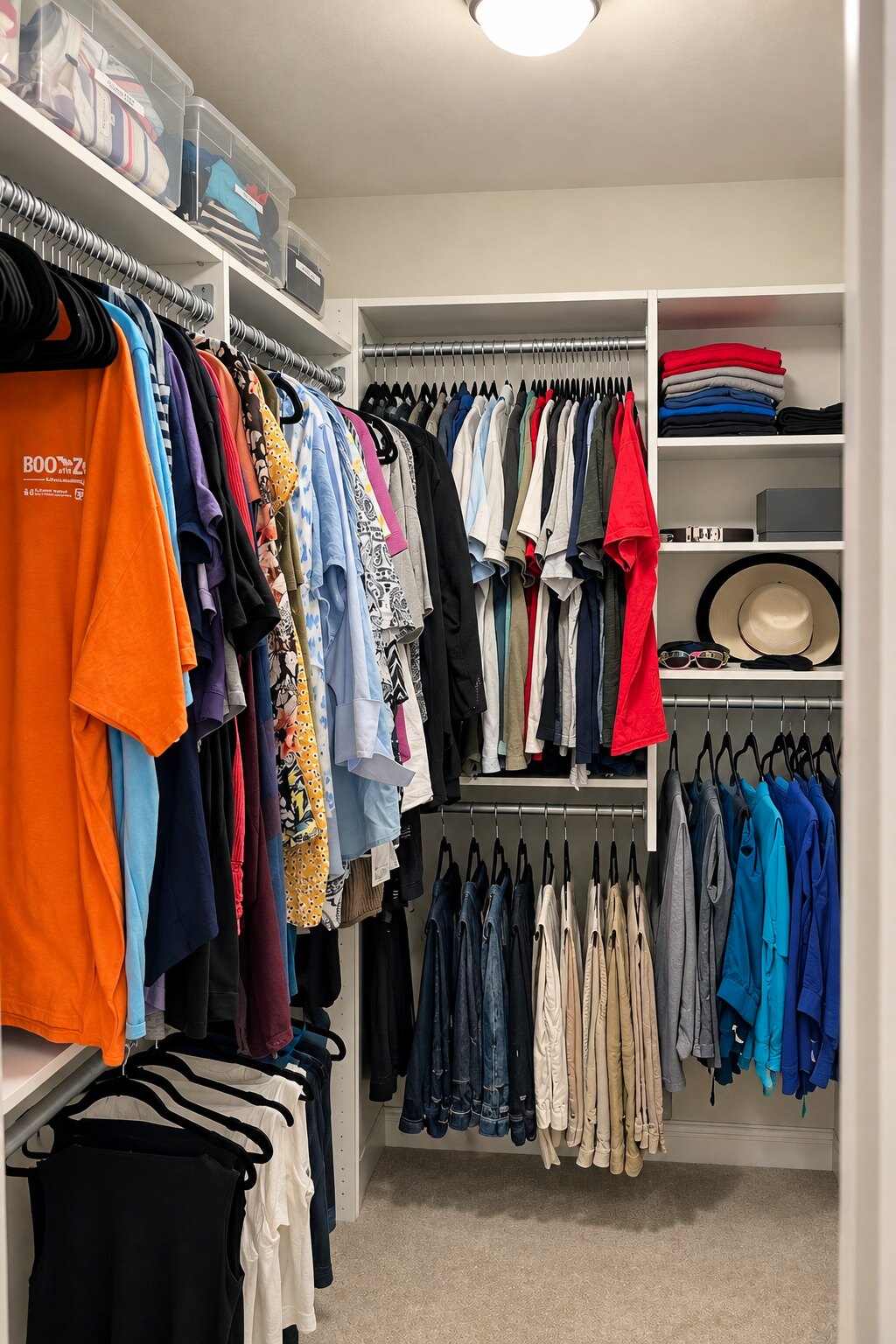 Large closet organized by clothing category for easier access