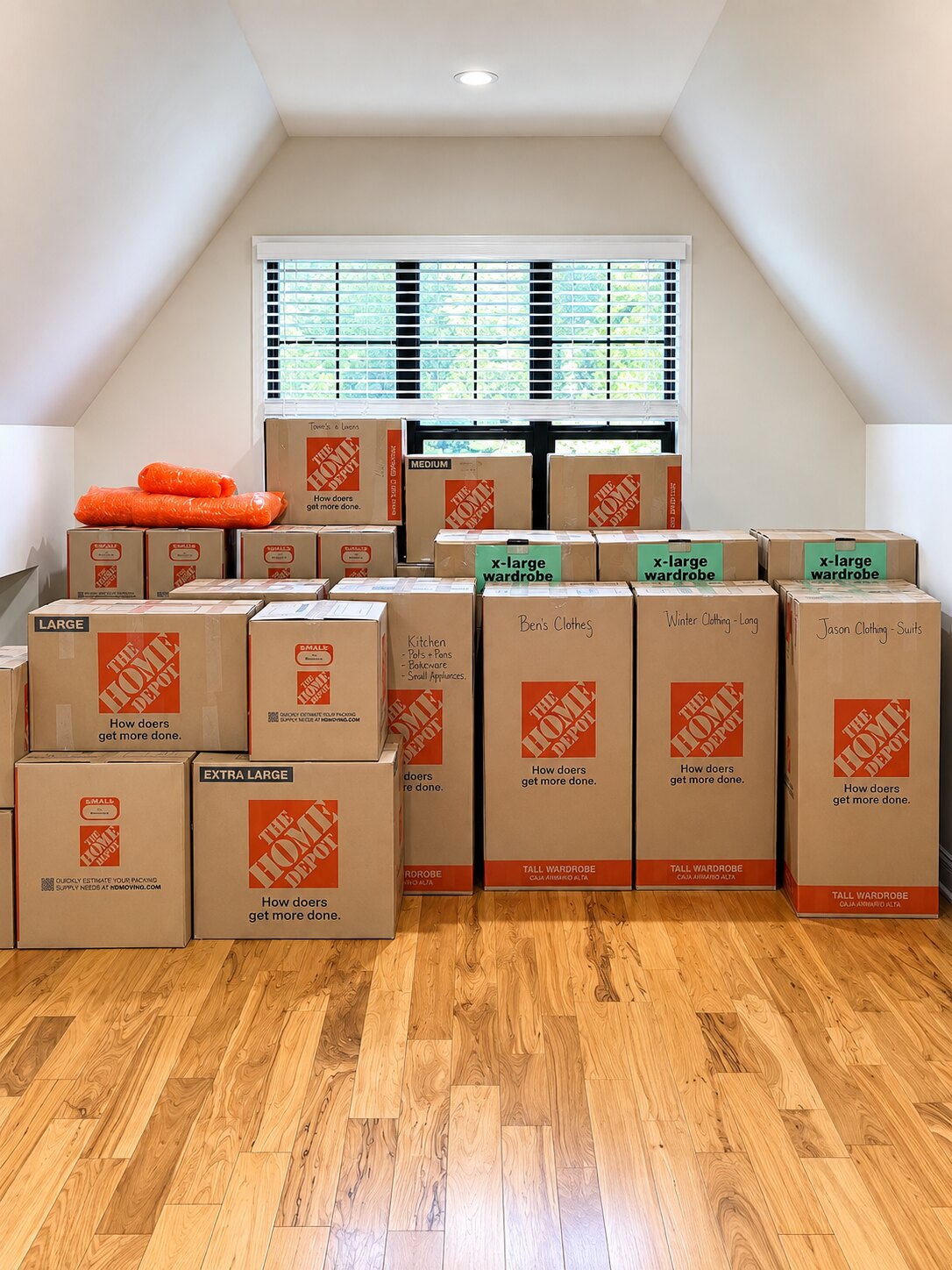 Labeled boxes organized and ready for a senior moving project