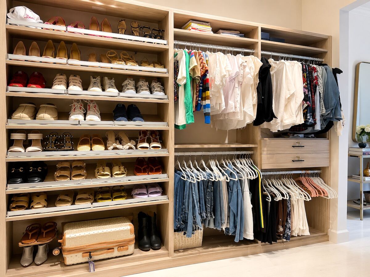 Reach-in closet professionally organized with shoes arranged on shelves by Nola Organizers