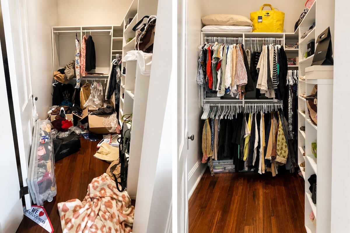 Before and after closet organization during unpacking — cluttered walk-in closet transformed into a clean, organized wardrobe