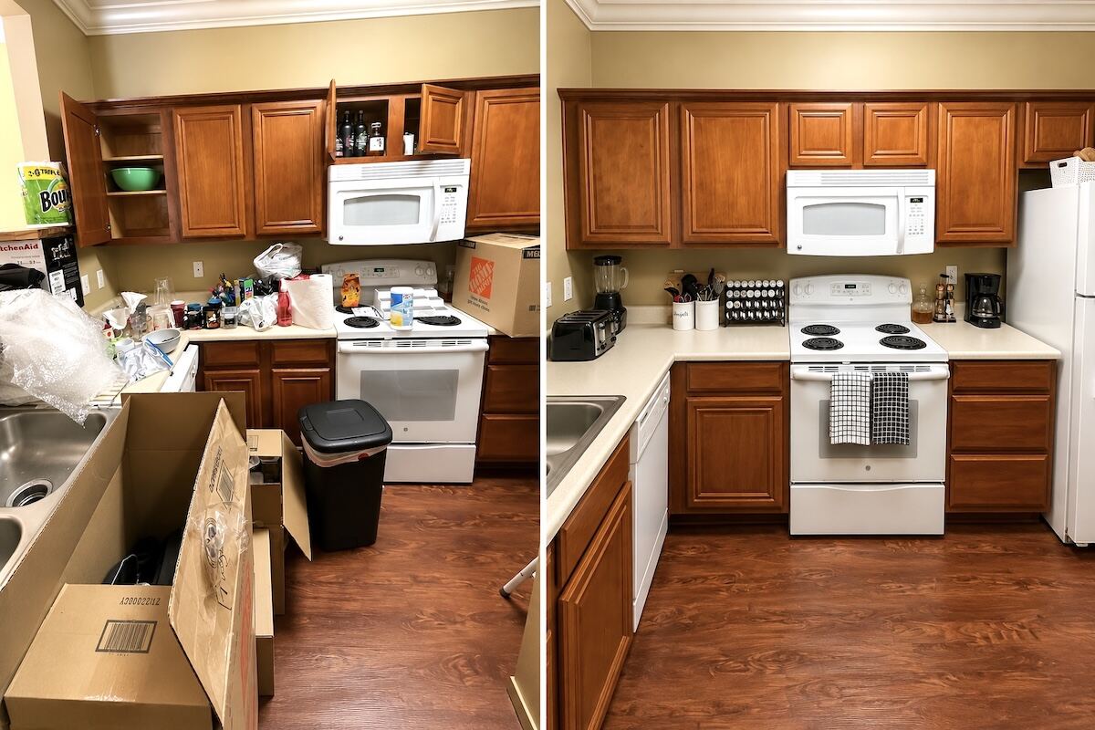 Before and after unpacking and organizing a kitchen — counters cleared and everything put away clean