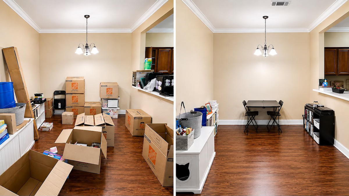 Before and after unpacking a living room in New Orleans — moving boxes cleared and room fully set up and functional