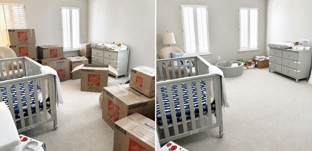 Before and after unpacking a nursery — moving boxes cleared and room fully set up with crib and furniture in place