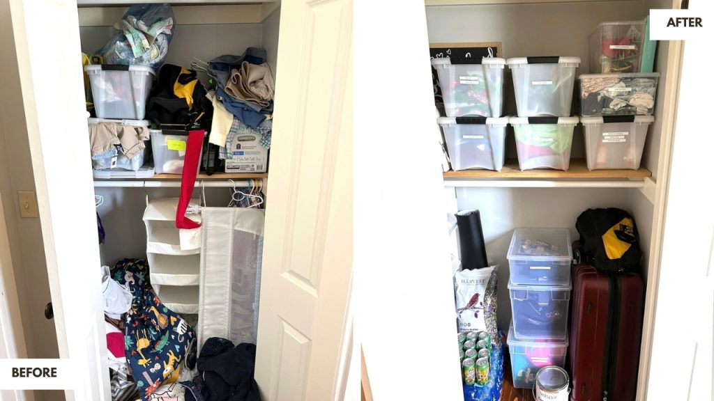 Storage Closet With Bins Before and After